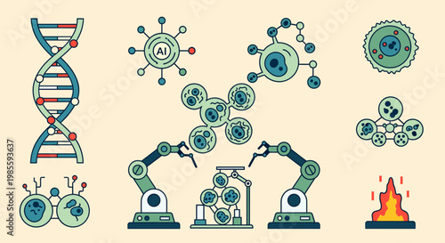 A colorful illustration depicting cellular biology and DNA. Ideal for articles, websites, or presentations relating to scientific innovation, health, 