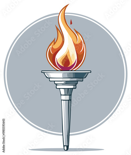Stylized illustration of a glowing Olympic torch with a fiery flame against a grey circular background