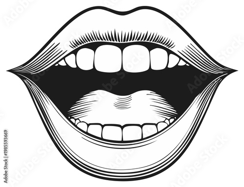 Open mouth expression with visible teeth and tongue in classic black and white engraving style
