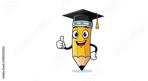 Friendly cartoon pencil character wearing black graduation cap with tassel and giving thumbs up sign for academic success.
