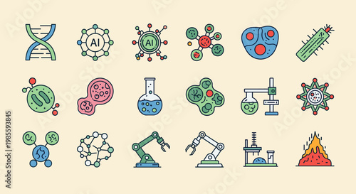 A cheerful illustration of interconnected molecules conveys concepts of chemistry, biology, and scientific innovation. Ideal for educational materials