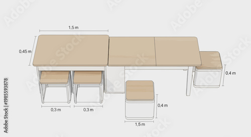 Extendable dining table set with four stools illustration featuring modern furniture in light brown and white tones simple and functional design