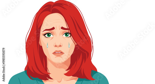 Sad woman with vibrant red hair looking downwards with tears streaming down her face and a grieving facial expression.