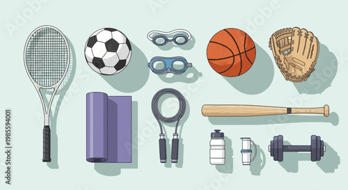 Flat lay illustration of diverse sports equipment including tennis soccer baseball swimming and fitness gear on light blue backdrop