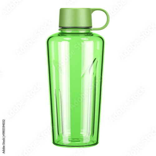 A vibrant green water bottle with a handle on a black background