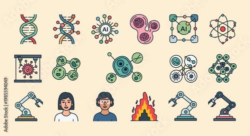 This stylized illustration depicts a robotic arm interacting with a virus representation. It's ideal for conveying concepts of automation, scientific 