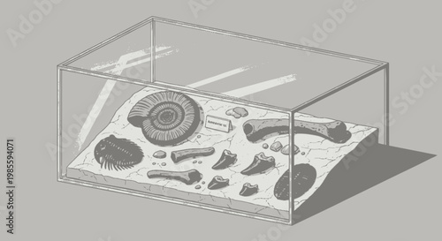 Fossil collection in glass display case featuring ammonite trilobite and various prehistoric bones and teeth in paleontological exhibit