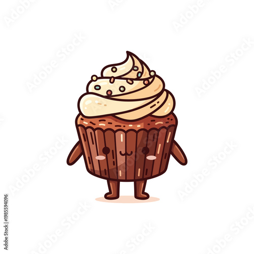 A cute cartoon chocolate cupcake with white frosting, sprinkles, a happy face, and small arms and legs, standing on a white background.