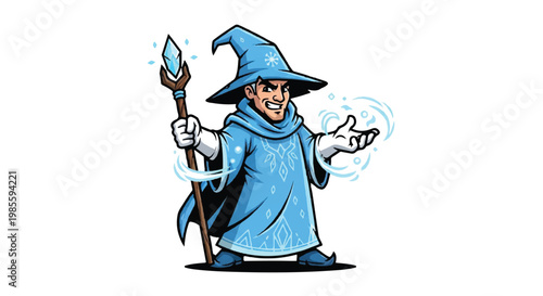 Cartoon wizard with staff and magic on white background