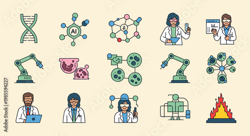 A flat design illustration showcasing a scientist using a laptop.  The image evokes a sense of modern research and innovative problem-solving, useful 
