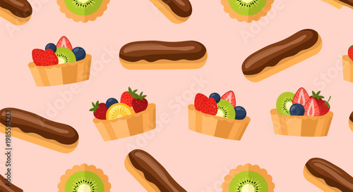Seamless Food Pattern Background with Fruit Tarts and Chocolate Eclairs, Sweet Pastry Texture Design with Strawberry and Kiwi Illustrations, Dessert Backdrop for Bakery Branding