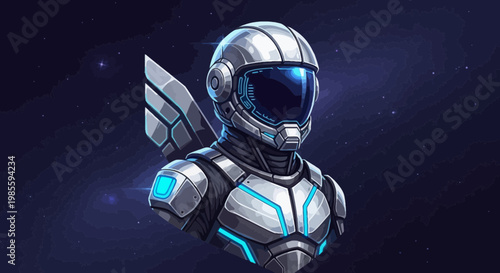 Futuristic astronaut in silver space suit with wing detail against a cosmic backdrop in digital art style; cosmic explorer sci-fi themed.