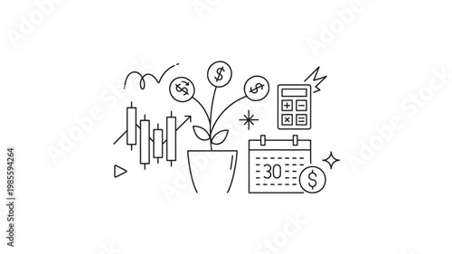 Stock market growth icon set with potted plant, candlestick chart, calculator, and money symbols for investment