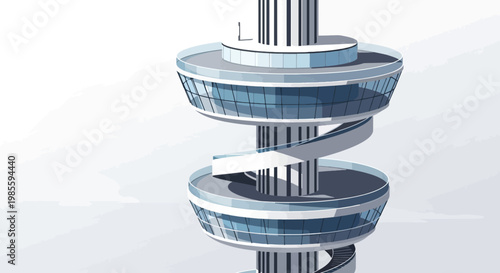 Futuristic cylindrical tower building with spiral staircase and observation decks modern architectural design against pale backdrop