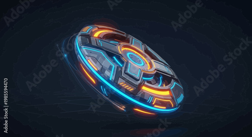 Futuristic glowing disc with intricate circuitry and vibrant neon accents; a levitating sci-fi object rendered with sharp detail.