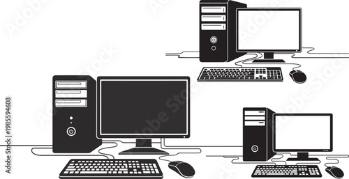 Desktop computer workstation vector icons, black and white PC hardware set, office technology equipment with monitor keyboard and mouse