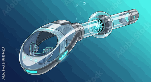Futuristic personal submarine with transparent dome in blue ocean cartoon style underwater vehicle propulsion system with propeller
