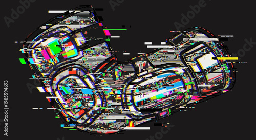 Distorted futuristic helmet with glitch art effects and vibrant colors creating a cyberpunk aesthetic against a dark background