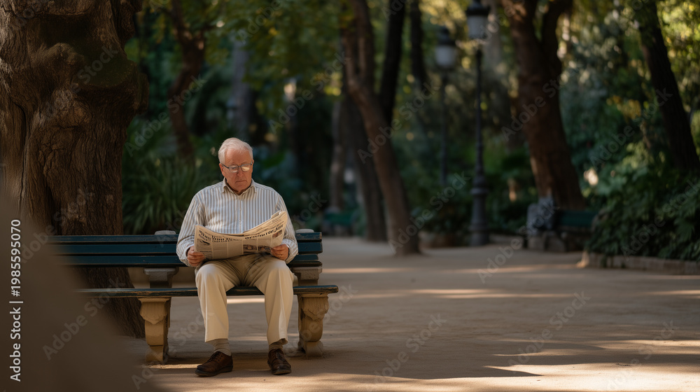Fototapeta premium Frail 80-year-old man sitting on a park bench surrounded by leafy green trees, reading newspaper alone in dappled shade, urban green space access aging, loneliness prevention nature proximity, senio