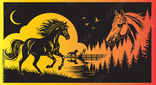 Vintage wild horse silhouette vector, majestic stallion running in forest landscape, equestrian nature scene with crescent moon and sunset colors