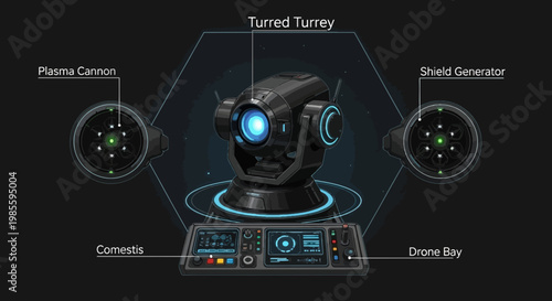 Futuristic turret defense system illustration featuring plasma cannon shield generator drone bay and advanced control panel elements on a dark background