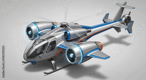 Futuristic vertical takeoff and landing aircraft illustration featuring sleek silver design blue accents turbine engines and hovering over topographic map