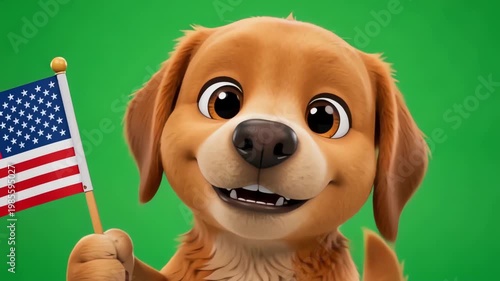 Adorable animated 3D dog character confidently holding a USA flag and smiling warmly into the lens, ideal for festive American pet brand advertising.