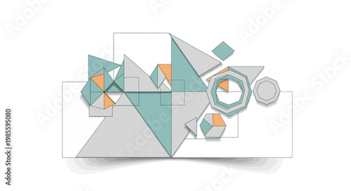 Geometric arrangement of triangles squares and octagons in a modern illustration style with blue gray and orange colors