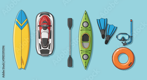 Flat lay illustration of water sports gear including surfboard kayak jet ski snorkel and lifebuoy against a blue background
