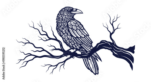 Detailed Raven Perched on Bare Branch, Dark Sketch Style