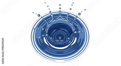 Dynamic Water Splash Crown Ring and Droplets on White Background