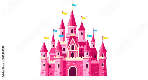 Fairytale Pink Castle with Flags, Princess Palace Illustration