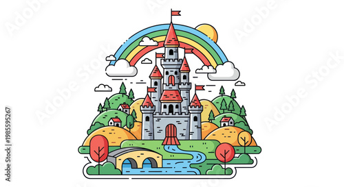 Fantasy Castle Rainbow Landscape Illustration