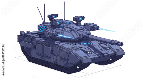 Futuristic armored tank with laser weapons in isometric view; advanced military vehicle with high-tech design in blue and gray tones