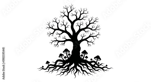 Mystical Silhouette Tree with Mushrooms and Roots