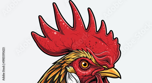 Aggressive rooster head vector illustration with detailed red comb and golden feathers strong beak in a graphic design style portrait