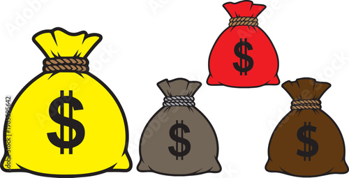 Cartoon money bag vector set with dollar signs. Yellow, red, and brown burlap sacks for finance and banking. 4 colorful money bags for business icons.