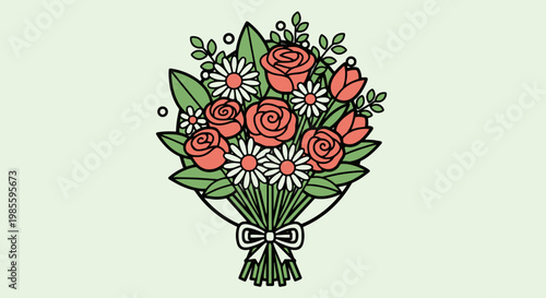 Charming bouquet illustration featuring roses daisies and tulips styled with clean outlines and vibrant colors perfect for graphic design