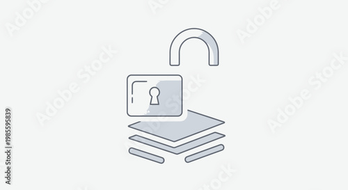 Digital illustration of an unlocked padlock over data layers; security privacy concept in light blue and gray tones