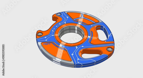 Futuristic tech disk with circuit pattern orange and blue geometric design gray trim and central ring in an isometric rendering