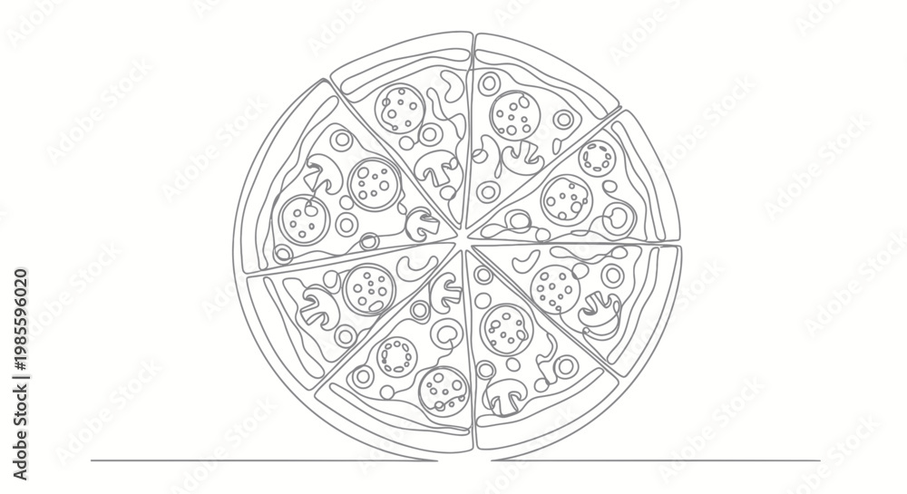 Fototapeta premium Continuous Line Drawing of a Sliced Pepperoni and Mushroom Pizza