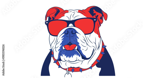 Cool Bulldog Wearing Sunglasses, Patriotic American Colors, Graphic Illustration