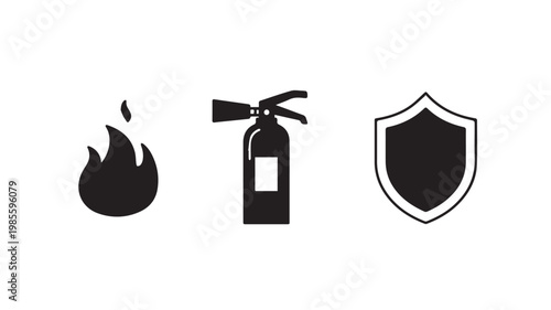 Fire Safety Icons Set with Flame, Extinguisher, and Shield