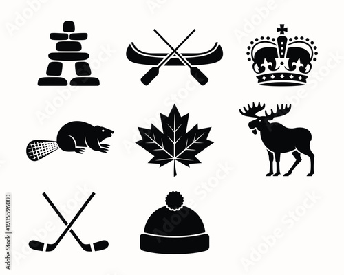 Set of Canadian national symbols black icons on white background vector illustration collection.
