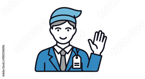 Friendly cartoon greeter in blue uniform waving hello in vector art style; welcoming man with name tag and peaked hat illustration
