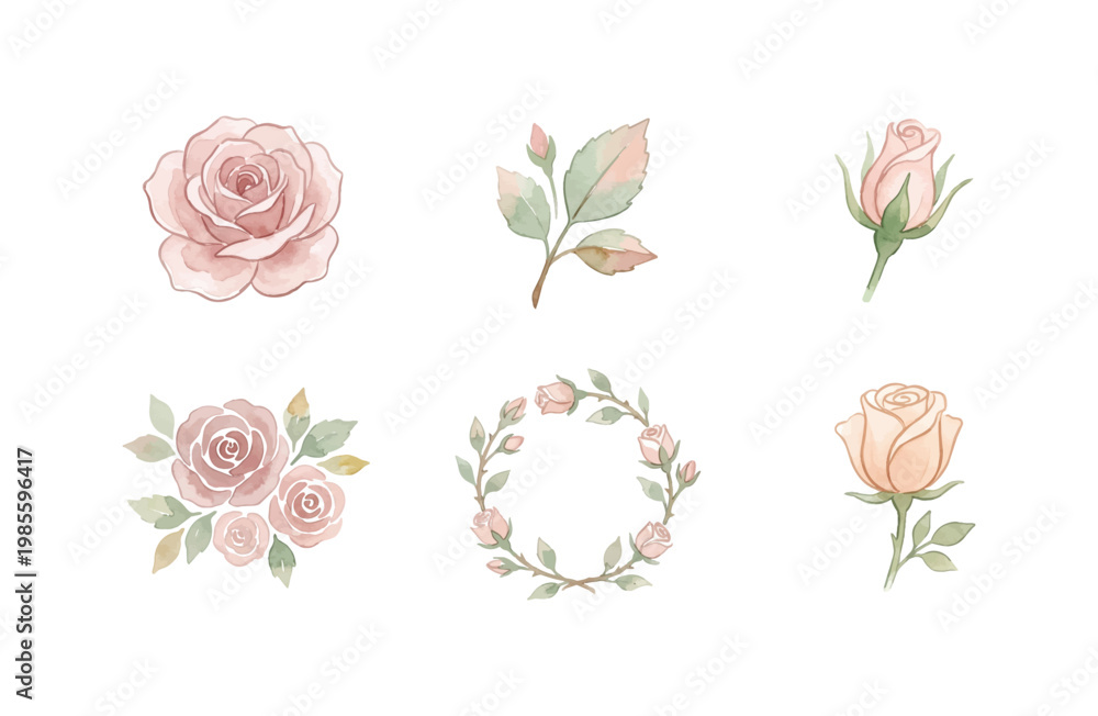 Fototapeta premium Watercolor Rose Icon Set Collection