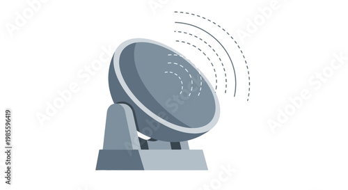 Gray radar dish transmitting signals on white background illustration; vintage technology satellite broadcasting; weather observation communication tower.
