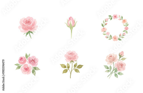 Watercolor rose icon set, simple floral elements, soft pink blossom stickers on white background
