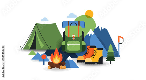 Green camping tent backpack campfire boots mountains and nature vector illustration in flat design style for outdoor adventure