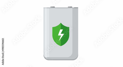 Portable power bank with green shield logo.